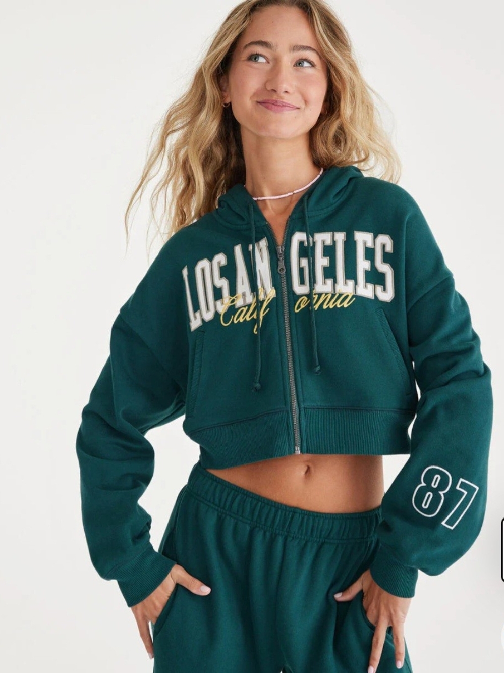 Aeropostale Cropped Zip Hoodie in Deep Teal with Los Angeles Graphic